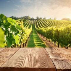 Wall Mural - the empty wooden table top with blur background of vineyard exuberant image high quality photo