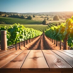 Wall Mural - the empty wooden table top with blur background of vineyard exuberant image high quality photo