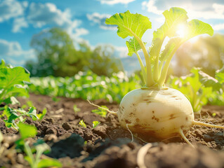 Wall Mural - Bright Sunlight Shining on Growing White Radish in a Lush Green Field in the Morning on a Sunny Day