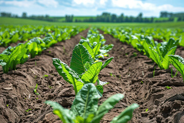 Wall Mural - Lush Green Crops Growing in Neatly Tilled Rows on a Sunny Day, Fertile Soil, Sustainable Agriculture, Farmland, Vibrant Vegetation in the Countryside