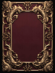 Golden vintage frame with baroque ornaments on burgundy background