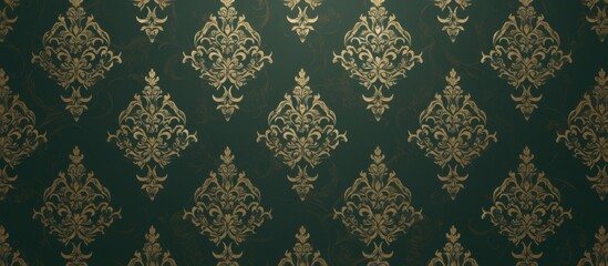 Wall Mural - Seamless Pattern of Dark Green Diamond Shapes with Gold Outline Lines, Minimalist Flat Design.

