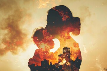 Wall Mural - Mother hugs child against city explosion