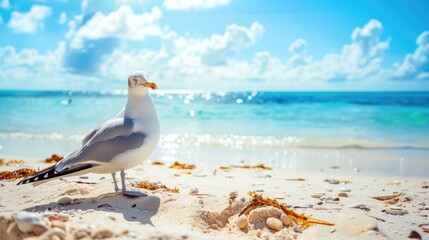 Wall Mural - Seagull resting on a sandy beach on a sunny day in summer