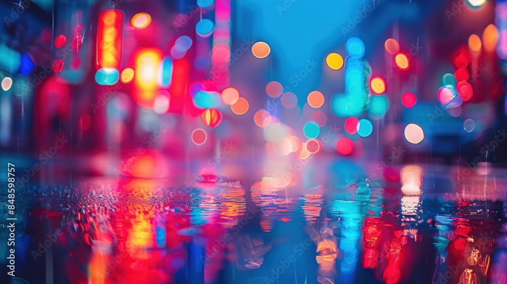 Vibrant neon lights reflecting on a wet street at night, creating a ...