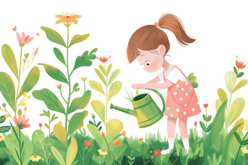 Little Girl watering plant in the garden