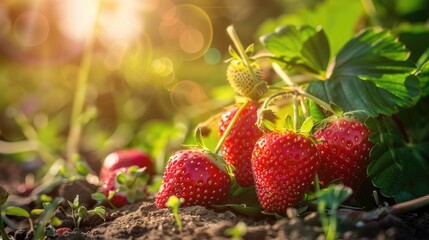 Wall Mural - Striking red strawberries in the garden during a sunny summer day