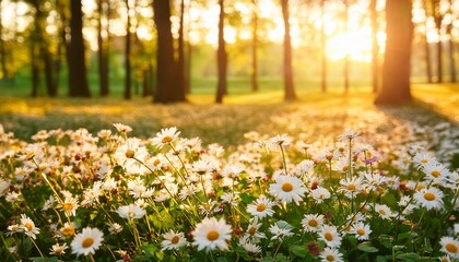 Wall Mural - beautiful happy peaceful field early autumn season meadow nature sunset bloom white yellow daisy flowers sun rays beams closeup blur bokeh woodland forest nature idyllic panoramic floral landscape