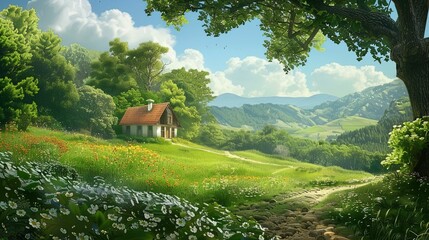 Small house in the distance of grass UHD wallpaper