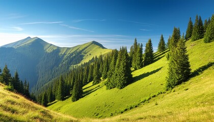 Wall Mural - mountain slope with trees and clear blue sky on a sunny day mountain landscape