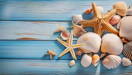 Wall Mural - beach scene concept with sea shells and starfish on a blue wooden background