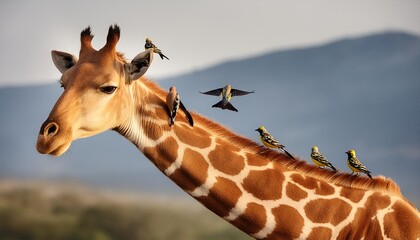 Wall Mural - a giraffe neck with birds perched upon it