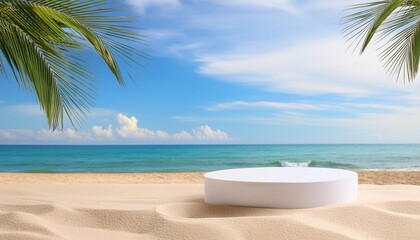 Wall Mural - summer tropical background podium on sand beach on sea background mock up for the exhibitions presentation of products 3d render generative ai