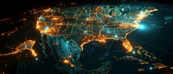 Wall Mural - illustration of USA surrounded by digital data networks and communication lines