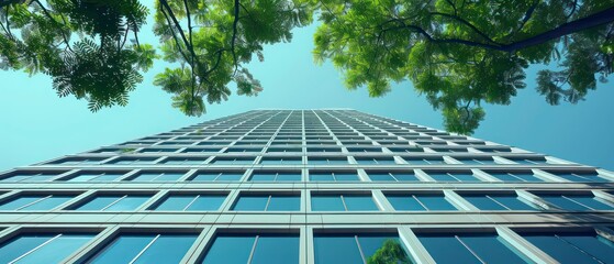 Wall Mural - modern glass skyscraper in the city with steel facade, reflecting the sky and street