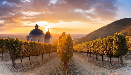 Wall Mural - black grape on vineyards background winery at sunset panoramic view banner