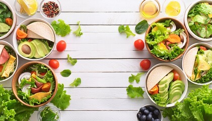 Wall Mural - healthy lunch food double side border table scene with nutritious lunch bowl lettuce wraps sandwiches salad and vegetables above view over a white wood background copy space