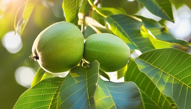 ripe walnut nuts on a tree in summer day