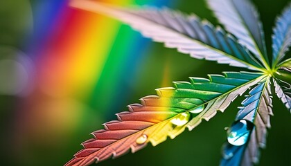 Wall Mural - macro shot of a cannabis leaf with morning dew reflecting a rainbow nature s spectrum ai generated