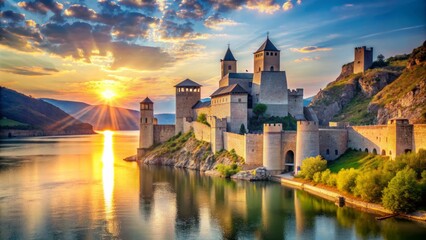 Amazing Sunset Over The River And Medieval Castle With Reflection On The Water.