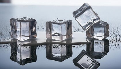 Wall Mural - natural crystal clear melting ice cubes on a transparent background with mirror reflection png