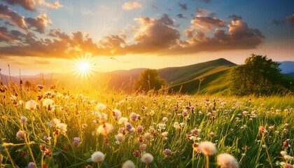 Wall Mural - bright beautiful sunny sunset over the meadow