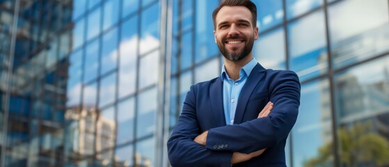 Wall Mural - A businessman standing in front of a cityscape, exuding confidence and ambition