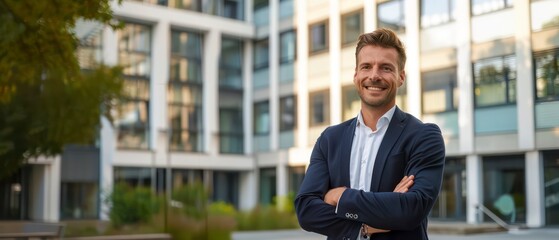 Wall Mural - A businessman standing in front of a cityscape, exuding confidence and ambition