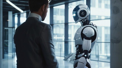 Poster - businessman interacting with a AI robot, business discussing business strategies with a futuristic humanoid robot, Artificial intelligence advancement concept, AI in business