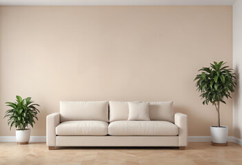 Wall Mural - blank beige wall living room interior with sofa, potted plant and copy space