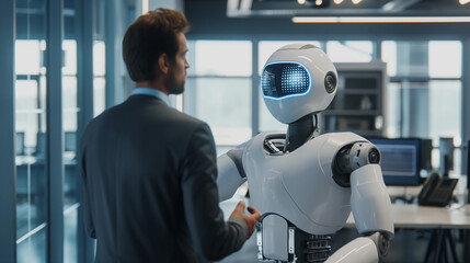 Poster - businessman interacting with a AI robot, business discussing business strategies with a futuristic humanoid robot, Artificial intelligence advancement concept, AI in business