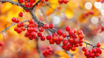 Wall Mural - Red berries of viburnum on tree branches during the fall season