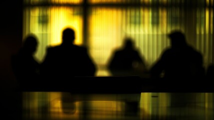 Wall Mural - Soft edges of silhouettes in a dimly lit boardroom as they discuss strategy.