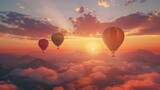 Hot air balloons floating over the mountains at sunset