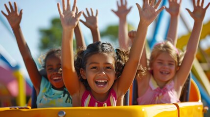 young children girls riding a rollercoaster at an amusement park experiencing excitement joy laughte