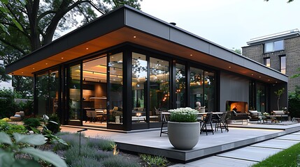 a modern dark-colored house with large glass windows and a black exterior. Outside there is a patio with a gray pot with white flowers a wooden table and chairs 