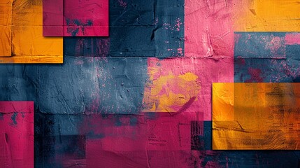 Wall Mural - A colorful abstract painting with a blue and pink background and yellow