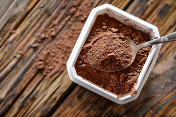 A closeup of cocoa powder in an open white container with a spoon, ready to be added into the hot coffee for making chocolate latte or cappuccino