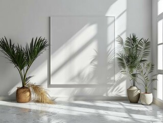 Wall Mural - Minimalist Interior Design with Empty Frame and Plants