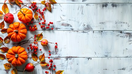 Festive autumn decor from pumpkins, berries and leaves on a white wooden background. Concept of Thanksgiving day or Halloween. Flat lay autumn composition with copy space. 