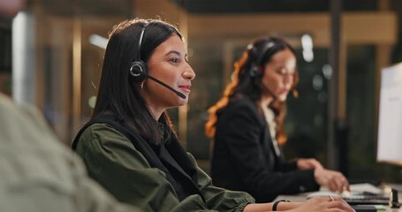 Aufkleber - Night, office or business woman in call center consulting for contact us, crm or b2b, help or faq. Telemarketing, inbound marketing or insurance agent coworking in customer service or virtual guide