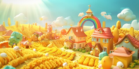 Wall Mural - 
Tiny cute isometric A beautiful rainbow village morning scene. Sunlight shines on the golden wheat field and dozens of small animals are busy. Describe the rainbow village morning scene, 2:1