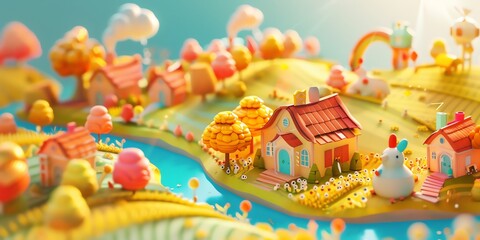 
Tiny cute isometric A beautiful rainbow village morning scene. Sunlight shines on the golden wheat field and dozens of small animals are busy. Describe the rainbow village morning scene, 2:1