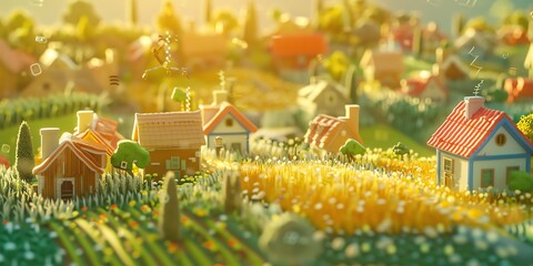 Wall Mural - 
Tiny cute isometric A beautiful rainbow village morning scene. Sunlight shines on the golden wheat field and dozens of small animals are busy. Describe the rainbow village morning scene, 2:1