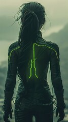 Sticker - Formidable Female Cyber Ninja Gazes Over Dystopian Landscape in Cinematic Dark Fantasy Style