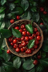 Canvas Print - Lush Green Leaves Framing a Rustic Basket Brimming with Freshly Picked Cherries