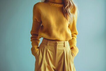 Canvas Print - Refined Casual Wear:Butter Yellow Knit Sweater and Tailored Trousers in Minimalist Studio Setting