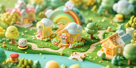 Wall Mural - 
Tiny cute isometric A beautiful rainbow village morning scene. Sunlight shines on the golden wheat field and dozens of small animals are busy. Describe the rainbow village morning scene, 2:1