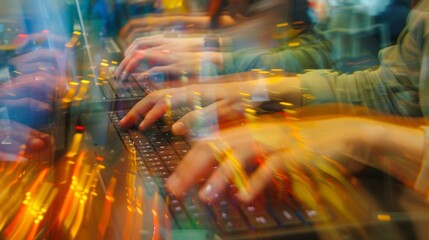 Wall Mural - A blur of hands typing feverishly on keyboards as attendees compete in a coding competition at a tech convention.