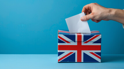 Wall Mural - A hand put paper into the british flag patterned ballot box on blue background, with copy space for text or design